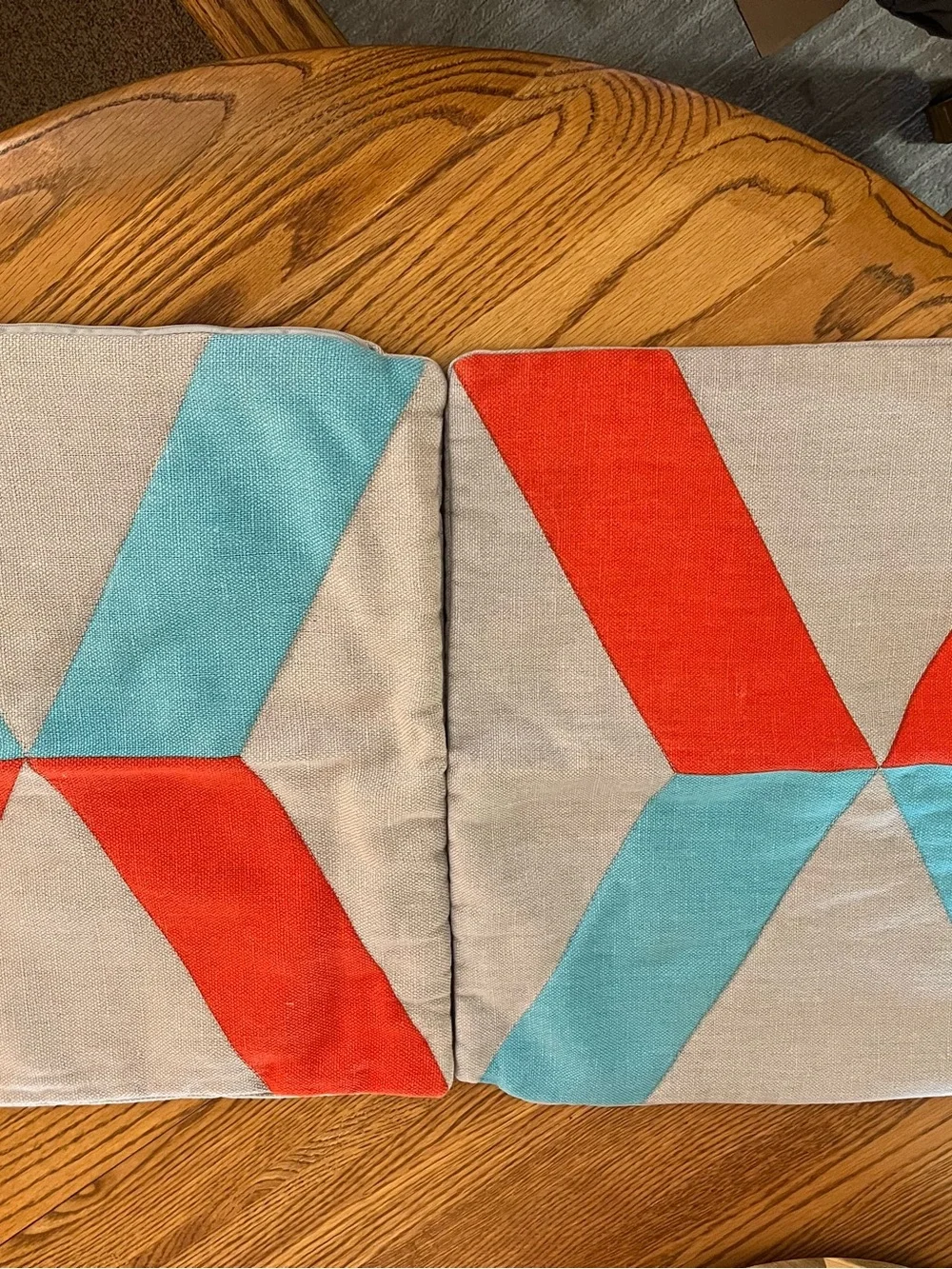 IKEA Geometric Accent Pillow Covers in Red and Teal on Beige